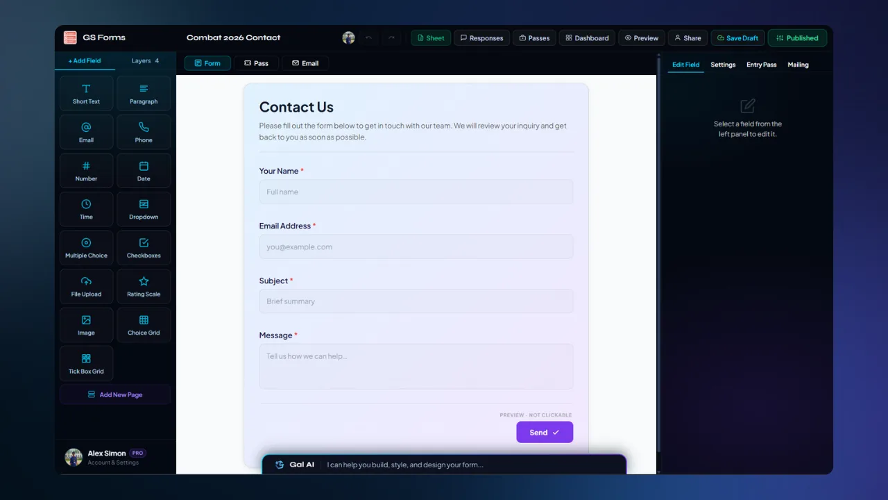 GS Forms Form Builder — fields, editor and live preview